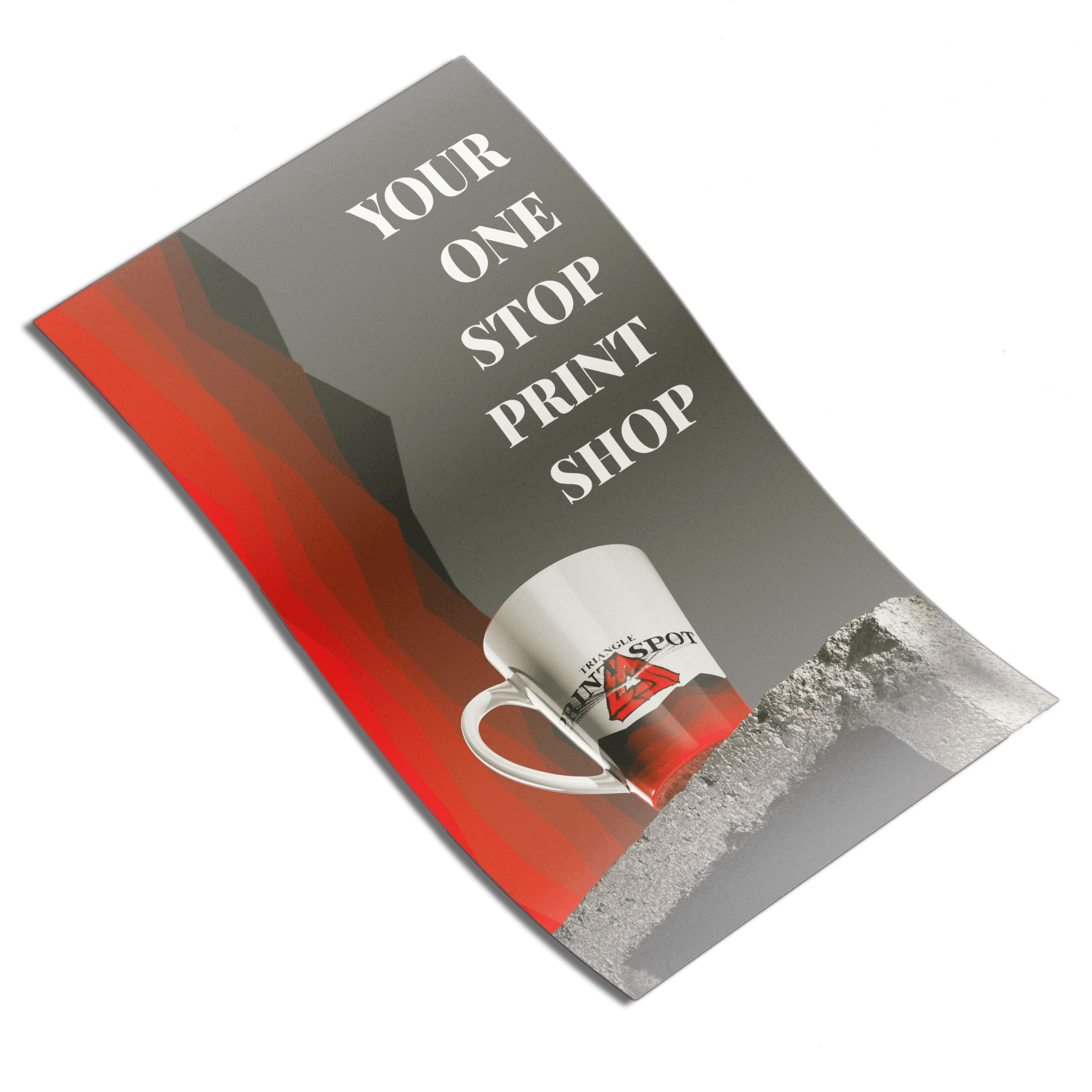 A coffee cup against a red background featuring the text 'Your One Stop Print Shop' for Triangle Print Spot flyer.