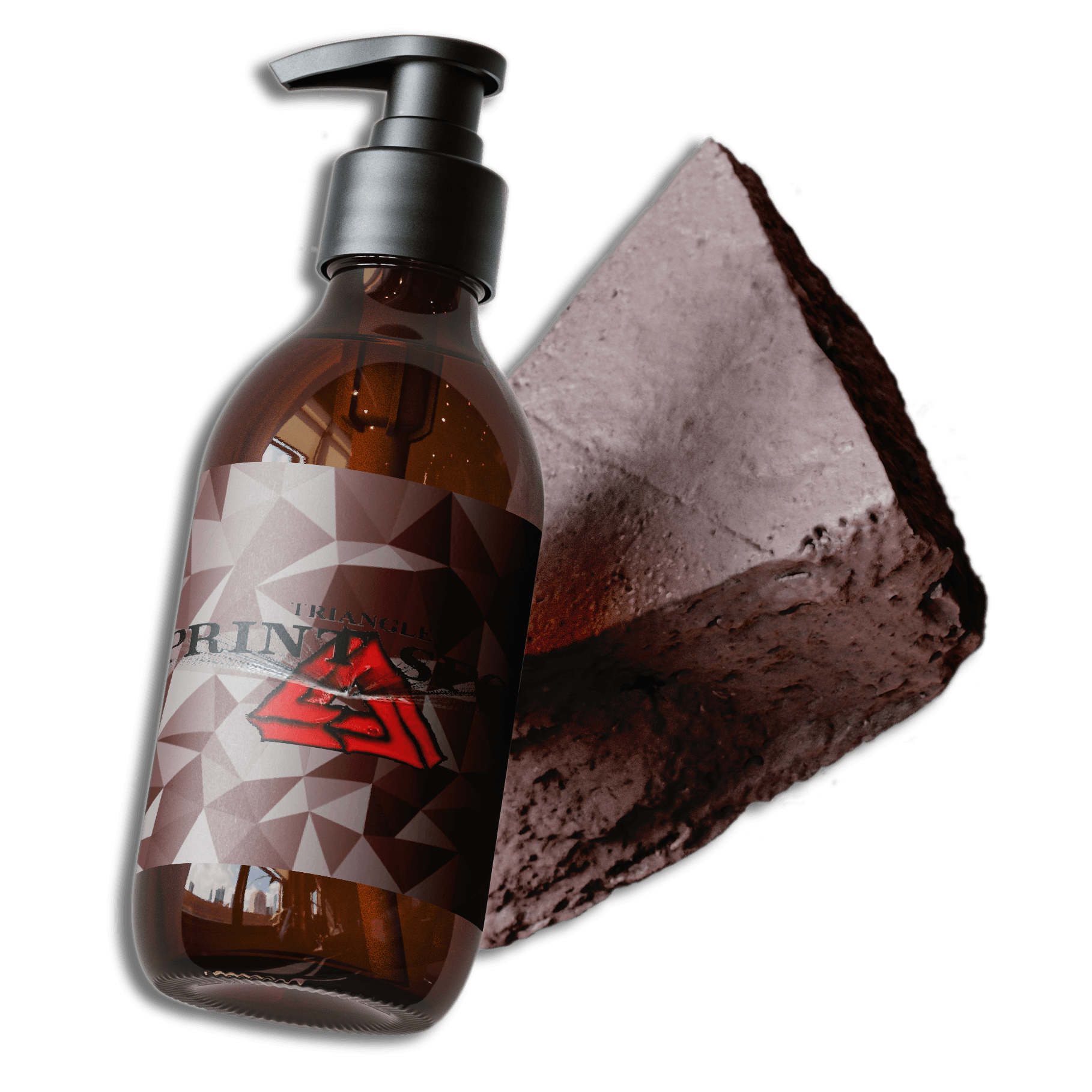 A bottle of body wash with a squeeze cap placed beside a rock on a blank background.