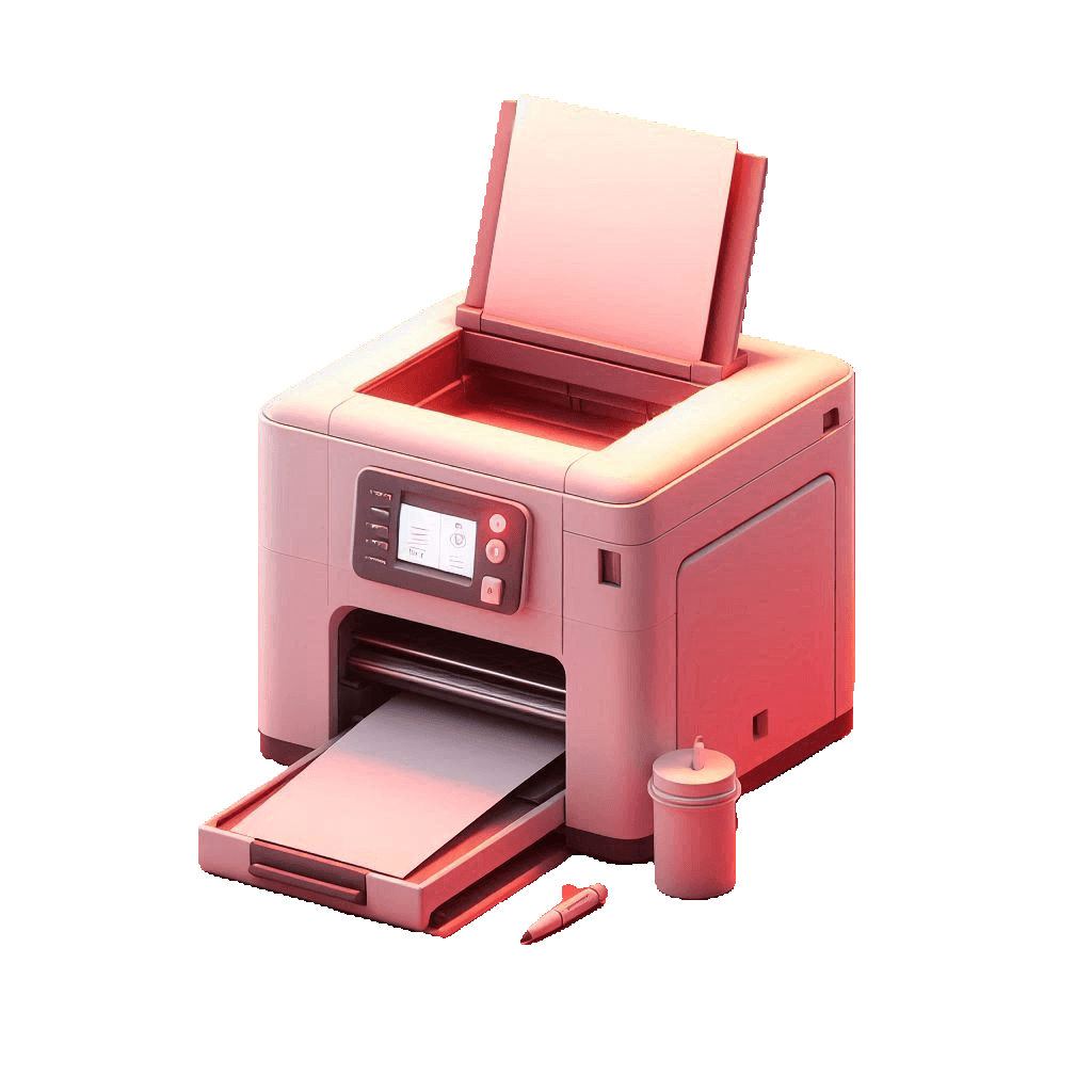 A small printer with a paper loaded in the top. A soft red light is shone on the printer giving it a light red hue.