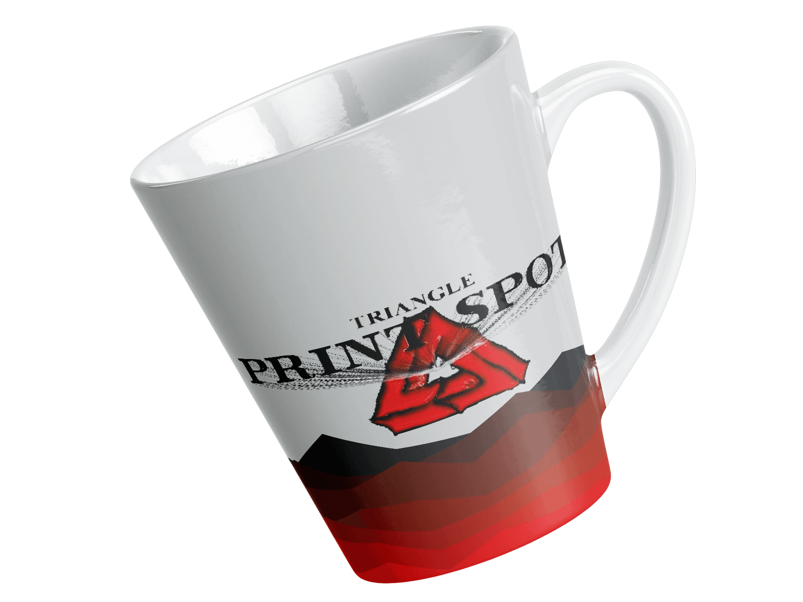 A coffee mug featuring the logo of Triangle Print Spot, showcasing a sleek design and vibrant branding.
