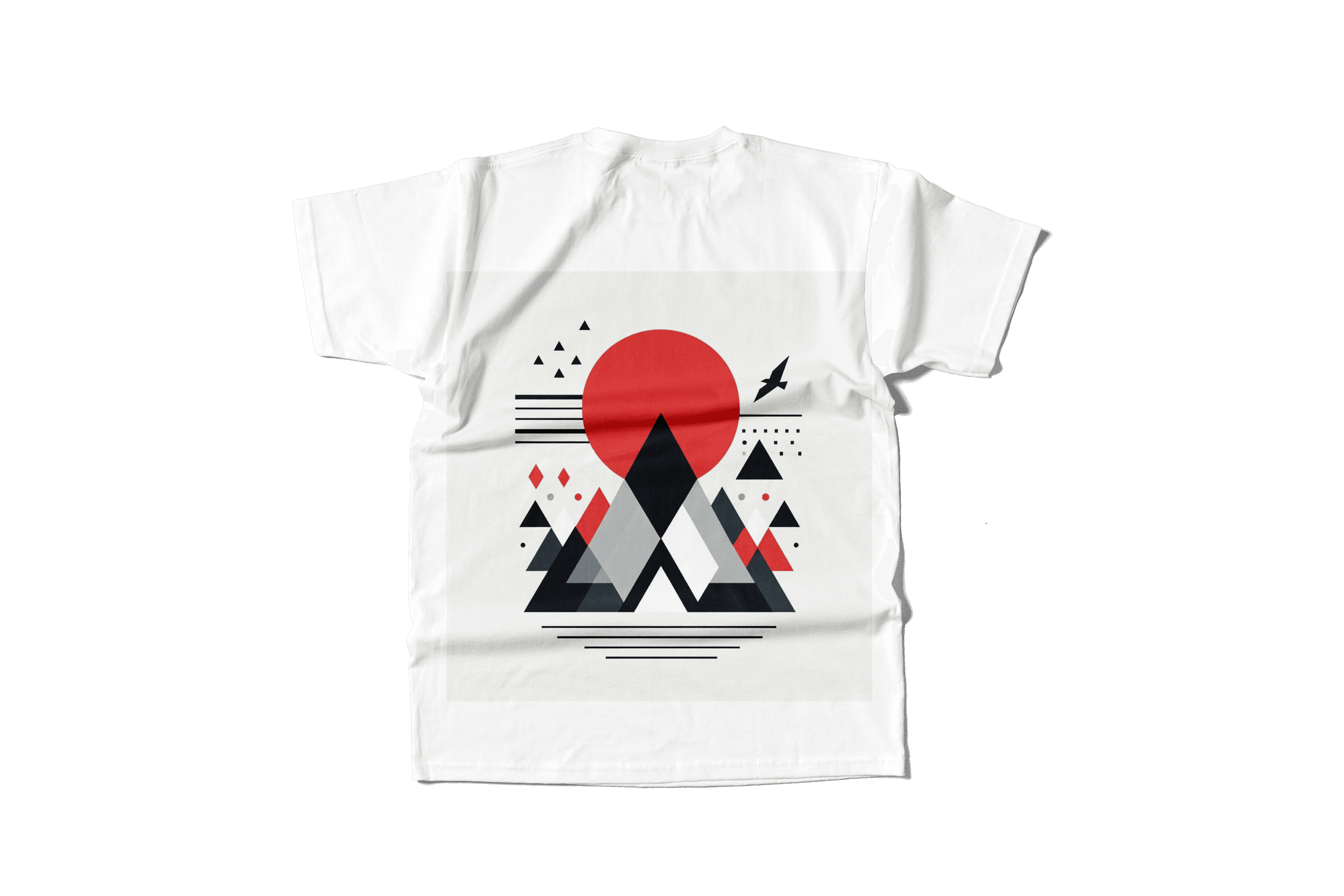 A white t-shirt displaying a red triangle and mountain motif, combining minimalist design with an adventurous spirit.