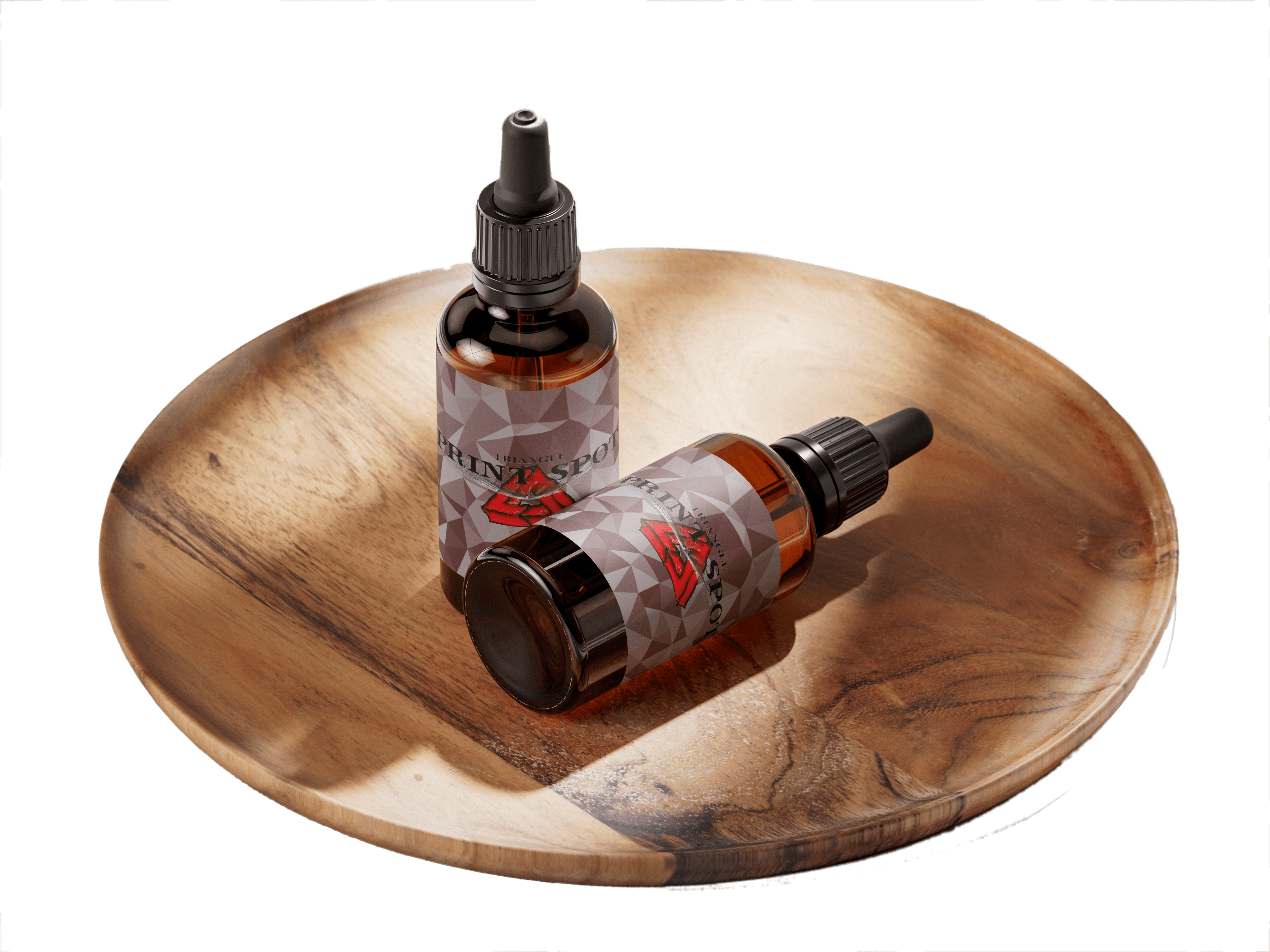 A wooden plate holds two stylish bottles of beard oil, highlighting their craftsmanship and appealing packaging.